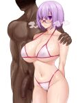  1boy 1girl bare_shoulders bikini blush breasts censored cleavage collarbone dark-skinned_male dark_skin fate/grand_order fate_(series) flaccid glasses hair_over_one_eye hand_on_another&#039;s_shoulder hetero huge_breasts lipstick_mark lipstick_mark_on_penis mash_kyrielight mosaic_censoring namidame navel nude penis purple_eyes purple_hair short_hair smile solo_focus standing string_bikini swimsuit thighs veins veiny_arms white_bikini 