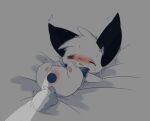 2016 bed_sheet bedding black_ears blush canid canine censored censored_genitalia censored_pussy deaic female feral fur kemono lying mammal on_back one_eye_closed shadow solo white_body white_fur