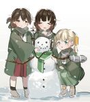  3girls black_hair blonde_hair blue_eyes blunt_bangs braid brown_eyes coat double_bun dougi folded_ponytail green_coat green_scarf hair_bun hakama japanese_clothes kantai_collection kaomoji_(sagor00237) kasuga_maru_(kancolle) long_hair multiple_girls red_hakama scarf shin&#039;you_(kancolle) snowman standing taiyou_(kancolle) twin_braids un&#039;you_(kancolle) yawata_maru_(kancolle) 