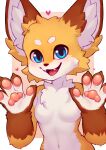&lt;3 2024 absurd_res anthro arms_bent blue_eyes breasts brown_body brown_ears brown_fur canid canine chest_tuft circle_eyebrows claws color_fox eyebrows fangs featureless_breasts female finger_claws fox fur fur_tuft gloves_(marking) half-length_portrait hi_res inner_ear_fluff iris looking_at_viewer mammal markings multicolored_ears navel nude open_mouth pawpads pink_pawpads portrait pupils simple_background teeth tongue tuft