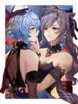  2girls aya_(smalltrashpanda) blue_hair breasts cleavage cone_hair_bun detached_sleeves dress ganyu_(genshin_impact) genshin_impact hair_bun highres horns keqing_(genshin_impact) long_hair multiple_girls parted_lips purple_dress purple_eyes purple_hair short_sleeves strapless strapless_dress twintails upper_body very_long_hair yuri 