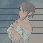  1girl bare_shoulders black_eyes brown_hair closed_mouth collarbone crossed_arms hair_ornament highres iwakura_lain light_smile loose_clothes loose_shirt moshimoshibe serial_experiments_lain shirt short_hair single_sidelock solo striped_background two-tone_background upper_body white_shirt x_hair_ornament 
