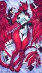 absurd_res anthro avian beak bird breasts claws digital_media_(artwork) female genitals hi_res leonifa looking_at_viewer milk nipples nude pussy red_body simple_background smile solo tail white_body wings