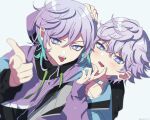  2boys aqua_hair brothers cozmez_(paradox_live) grey_background hand_on_another&#039;s_head hood hood_down hoodie looking_at_viewer male_focus multicolored_hair multiple_boys nownnownn paradox_live pointing pointing_at_viewer purple_eyes purple_hair purple_hoodie siblings simple_background tongue tongue_out twins yatonokami_kanata yatonokami_nayuta 