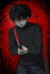  1boy absurdres black_background black_hair black_pants black_sweater blood blood_on_knife crying crying_with_eyes_open highres holding holding_knife knife looking_at_viewer male_focus mogaji multicolored_background open_mouth pants red_background red_eyes scared short_hair solo sweater tears tsugino_haru turtleneck turtleneck_sweater zeno_(game) 