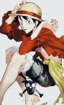  1boy black_hair blue_shorts copyright_name hand_on_headwear hat highres looking_at_viewer male_focus monkey_d._luffy one_piece open_clothes open_shirt red_shirt runa_3152 sandals sash scar scar_on_face shirt short_hair shorts simple_background sitting smile solo straw_hat white_background yellow_sash 