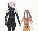  1boy 1girl aerith_gainsborough aged_down armor black_gloves black_jacket braid braided_ponytail brown_hair chest_strap dress final_fantasy final_fantasy_vii final_fantasy_vii_ever_crisis gloves green_eyes grey_hair haagi123 hair_ribbon high_collar holding_hands jacket light_smile long_dress long_hair open_mouth parted_bangs pauldrons pink_ribbon ribbon sephiroth short_hair shoulder_armor sidelocks slit_pupils weapon white_background 