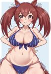  1girl alternate_costume ass_visible_through_thighs bare_shoulders bikini blue_bikini blush breasts brown_eyes brown_hair cleavage closed_mouth commentary_request cowboy_shot ear_ornament front-tie_bikini_top front-tie_top hair_ornament hands_on_own_hips highres hishi_akebono_(umamusume) katekin_esi large_breasts long_hair looking_at_viewer side-tie_bikini_bottom smile solo striped_bikini striped_clothes swimsuit twintails twitter_username umamusume vertical-striped_bikini vertical-striped_clothes wide_hips 