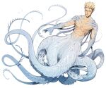  1boy air_bubble blonde_hair bubble commentary english_commentary fingernails gem1ny gills highres looking_at_viewer male_focus millions_knives monster_boy monsterification nude octopus_boy pointy_ears sharp_fingernails simple_background solo spiked_hair tentacles trigun trigun_stampede webbed_hands white_background 