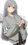  1girl black_pants character_request closed_mouth copyright_request grey_hair grey_sweater head_tilt highres long_hair long_sleeves looking_at_viewer noeru own_hands_together pants purple_eyes shirt shorts smile solo sweater virtual_youtuber white_background white_shirt 