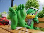 3d_(artwork) 5_toes anthro barefoot digital_media_(artwork) feet feet_up foot_fetish foot_focus humanoid_feet jet_the_hawk jony1991 male outside park plantigrade sega soles solo sonic_riders sonic_the_hedgehog_(series) toes