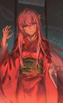  1girl blood blue_eyes enbizaka_no_shitateya_(vocaloid) hair_ornament hair_stick highres japanese_clothes kazemi_arashi kimono long_hair looking_at_viewer megurine_luka nail_polish obi pink_hair sash shaded_face smile solo sudou_kayo thread very_long_hair vocaloid 