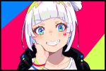  1girl bangs blue_eyes blunt_bangs collarbone eyebrows_visible_through_hair face grin hand_on_own_chin hand_up highres kuro_kosyou looking_at_viewer multicolored multicolored_background multicolored_eyes one_side_up original portrait shirt short_hair smile solo teeth white_hair white_shirt wristband 