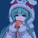  1girl aqua_eyes blue_archive blue_background bread coat food fur-trimmed_hood fur-trimmed_sleeves fur_trim green_hair halo holding holding_food hood hood_up long_hair long_sleeves momiji_(blue_archive) pixel_art sidelocks simple_background solo tinia_etru white_coat winter_clothes winter_coat 