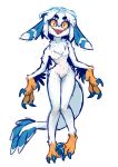 2023 4_fingers absurd_res avian blue_tail claws color_fox eyebrows finger_claws fingers front_view hair hi_res multicolored_body nude open_mouth orange_body sharp_teeth simple_background solo tail teeth two_tone_tail white_background white_body white_hair white_tail