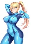  1girl blonde_hair blue_bodysuit blue_eyes bodysuit covered_navel metroid mole mole_under_mouth ranhatu samus_aran side_ponytail smile solo white_background zero_suit 