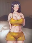  1girl absurdres ass bikini black_hair blush breasts cameltoe character_request closed_mouth copyright_request highres looking_at_viewer non-web_source phat_smash pinup_(style) scar shirt solo swimsuit wide_hips yellow_eyes yellow_shirt 