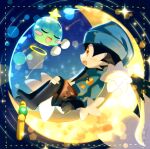  1boy bandaged_leg bandages blue_headwear blue_jacket blush_stickers brown_shorts cabbit closed_eyes commentary_request crescent_moon droopy_ears floating from_side full_body furry furry_male happy high_collar highres huepow jacket kaze_no_klonoa klonoa kurorinamori leaning_back long_sleeves looking_at_another male_focus moon night night_sky open_mouth shorts sitting sky smile space sparkle yellow_eyes 