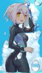  absurdres ahoge ass black_bodysuit black_wetsuit bodysuit bouhuman breasts cloud cloudy_sky covered_nipples diving_mask diving_mask_removed diving_suit dripping from_behind goggles hair_ornament highres looking_at_viewer medium_breasts multicolored_bodysuit multicolored_clothes open_mouth orange_eyes original short_hair skin_tight sky snorkel teeth upper_teeth_only wading water_drop wet wet_clothes wetsuit white_hair 