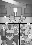 anthro avian beak biped bird breasts bulge canid canine clothed clothing comic dialogue disney duo english_text female fox freckles_(artist) group gynomorph intersex judy_hopps lagomorph leporid male male/female mammal monochrome nick_wilde non-mammal_breasts open_mouth open_smile owl rabbit scalie smile speech_bubble tail text trio zootopia