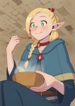  1girl belt blonde_hair blue_capelet blue_robe blush bowl braid bright_pupils brown_belt capelet choker closed_mouth dungeon_meshi eating fork green_eyes hair_over_shoulder hand_up highres holding holding_bowl holding_fork long_hair long_sleeves marcille_donato multiple_braids pointy_ears porupurucha red_choker robe sitting smile solo variant_set white_pupils 