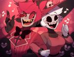 alastor_(hazbin_hotel) animal_humanoid clothing deer deer_humanoid demon demon_humanoid duo female hat hazbin_hotel headgear headwear hi_res humanoid male mammal mammal_humanoid musical_note rosie_(hazbin_hotel) sharp_teeth singing teeth yellow_teeth zombiemiso