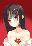  1girl :t absurdres armpit_crease bare_shoulders black_hair blush bow breasts cafe_stella_to_shinigami_no_chou chocolate chocolate_on_body chocolate_on_breasts cleavage collarbone commentary earrings embarrassed food_on_body hair_between_eyes hand_up head_tilt heart highres jewelry ju3cxqko75m199r large_breasts long_hair looking_at_viewer mole mole_under_eye no_bra open_clothes open_shirt pout red_bow shiki_natsume shiny_skin shirt simple_background solo straight_hair stud_earrings tsurime upper_body valentine wavy_mouth white_shirt yellow_eyes 