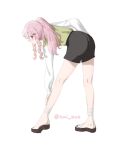  1girl bent_over black_nails blush commentary full_body green_sweater_vest hair_ornament hairclip hand_on_own_leg highres legs long_hair looking_at_viewer nijisanji nijisanji_en pink_hair platform_footwear ponytail profile red_eyes rosemi_lovelock rosemi_lovelock_(3rd_costume) sandals short_shorts shorts simple_background solo stretching sweater_vest symbol-only_commentary twitter_username txi_ovo white_background 