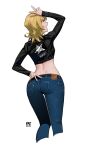  1girl artist_logo ass black_shirt blonde_hair blue_pants cropped_legs cropped_shirt dated denim dimples_of_venus double_v fatzhai from_behind highres jeans looking_back medium_hair mole mole_under_mouth mullet original pants shirt solo v 