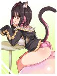  1girl animal_ears ass black_hair black_jacket braid cat_ears cat_girl cat_tail closed_mouth cougar_(cougar1404) elbow_rest food from_side fruit hair_intakes head_rest hood hood_down hooded_jacket jacket leaning_forward leo_(cougar1404) looking_at_viewer multicolored_hair no_pants original oversized_object panties peach pink_hair pink_panties shirt_straps short_hair side_braid sitting sleeves_past_fingers sleeves_past_wrists smile solo table tail two-tone_hair underwear yellow_eyes 