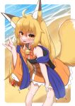alternate_species amber_eyes asian_clothing bare_shoulders beach bell_bow biped blonde_hair blush border canid canine clothing clothing_bow dipstick_ears dress east_asian_clothing female fingernails flat_chested fluffy fluffy_tail fox fox_hand_sign hair hand_gesture hand_on_leg hand_on_thigh hi_res high-angle_view horokusa0519 humanoid humanoidized inner_ear_fluff japanese_clothing leaning leaning_forward light_body light_skin long_hair looking_at_viewer mammal markings multicolored_ears nails obi one_sleeve_top open_mouth orange_clothing orange_dress sand seaside shawl solo tail tuft water wide_sleeves