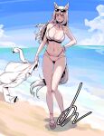  1girl absurdres alternate_costume animal_ears bare_shoulders beach bikini blue_sky blush bracelet breasts cleavage cloud cloudy_sky collarbone commentary_request eyewear_on_head full_body gold gold_ship_(umamusume) grey_hair grin hand_on_own_hip highres holding holding_clothes holding_jacket horse_ears horse_girl horse_tail jacket jewelry large_breasts looking_at_viewer minew navel ocean one_eye_closed outdoors red_eyes sand sandals signature sky smile solo sunglasses sweat sweatdrop swimsuit tail thigh_gap umamusume unworn_jacket water white_bikini wristband 