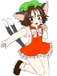  1girl adapted_costume animal_ears arm_up blush bow bowtie brown_eyes brown_hair cat_ears cat_tail chen commentary_request dress fang flat_chest foot_out_of_frame frills green_headwear hand_up hat mob_cap multiple_tails nekomata open_mouth petite petticoat red_dress short_hair short_sleeves si_geru3 simple_background slit_pupils solo standing standing_on_one_leg tail touhou two_tails white_background white_bow white_bowtie 
