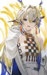  1girl ark_mmmm arknights bare_shoulders blonde_hair blue_eyes blue_hair coat commentary dragon_girl dragon_horns dragon_tail gradient_hair grey_hair hair_between_eyes hair_intakes highres horns long_hair long_sleeves looking_at_viewer multicolored_hair open_mouth pointy_ears shu_(arknights) simple_background smile solo strapless tail tube_top upper_body white_background white_coat white_tube_top 