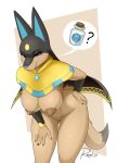 absurd_res anthro anthrofied anubis_(pal) blue_eyes breasts brown_body brown_fur canid canine female fur genitals hi_res looking_at_viewer mammal milk pal_(species) palworld pussy raxel simple_background smile solo