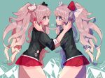 2girls bangs bear_hair_ornament black_shirt blonde_hair blue_eyes bow bunny_hair_ornament cosplay danganronpa:_trigger_happy_havoc danganronpa_(series) enoshima_junko enoshima_junko_(cosplay) freckles from_side green_background hair_bow hair_ornament hands_up heart ikusaba_mukuro kara_aren long_hair long_sleeves looking_at_another miniskirt multiple_girls necktie red_bow red_nails red_skirt shirt siblings sisters skirt sleeves_rolled_up smile twintails wavy_hair 