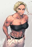  1girl abs angry belt blonde_hair breasts chest_sarashi cleavage frown hand_in_pocket highres looking_at_viewer mikel_(4hands) muscular muscular_female original pants sarashi teeth veins veiny_arms white_pants yellow_eyes 