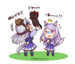  +++ 2girls ^^^ animal_ears aqua_bow blunt_bangs bow bright_pupils brown_footwear brown_headwear chibi commentary_request ear_bow flying_sweatdrops gold_ship_(umamusume) grey_hair grey_hood headgear horse horse_ears horse_girl horse_tail long_hair long_sleeves looking_up meiner_grand_(racehorse) mejiro_mcqueen_(umamusume) minimized multiple_girls pillbox_hat pink_eyes pleated_skirt purple_bow purple_hair purple_sailor_collar purple_shirt purple_skirt purple_thighhighs real_life sailor_collar sailor_shirt school_uniform shirt sidelocks skirt standing stiff_tail sweatdrop tail tail_raised tail_through_clothes thighhighs tracen_school_uniform translation_request twitter_username umamusume urara_(himitsu_kamitu) waist_bow white_bow winter_uniform 