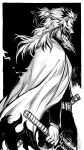  1boy belt cape commentary_request cowboy_shot demon_slayer_uniform forked_eyebrows greyscale highres holding holding_sword holding_weapon kimetsu_no_yaiba long_hair male_focus monochrome profile rengoku_kyoujurou sidelocks simple_background solo sword tkr_(lovedelic99) weapon 