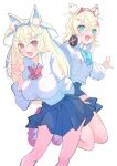  2girls animal_ear_fluff animal_ears ayumi_(ayumi05888572) bandaid bandaid_hair_ornament blonde_hair blue_eyes blue_hair blue_skirt breast_pocket breasts collared_shirt dog_ears dog_girl fang fangs fuwawa_abyssgard hair_ornament hairpin headphones headphones_around_neck highres hololive hololive_english large_breasts long_hair looking_at_viewer mococo_abyssgard multiple_girls open_mouth pink_eyes pink_hair pocket shirt shoes short_hair siblings sisters skin_fang skin_fangs skirt small_breasts smile twins two_side_up virtual_youtuber waving white_footwear white_shirt x_hair_ornament 