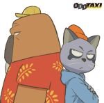  2021 angry anthro clothing domestic_cat duo felid feline felis hat headgear headwear hoodie kemono male mammal marine mugicaan1 odd_taxi odokawa_(odd_taxi) official_art pinniped shirt simple_background tanaka_(odd_taxi) text topwear walrus white_background 