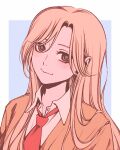  1girl :3 blonde_hair border closed_mouth collared_shirt grey_eyes head_tilt jacket light_smile limited_palette long_hair looking_at_viewer moshimoshibe murashige_yuzuki necktie orange_jacket outside_border purple_background red_necktie shirt simple_background skip_to_loafer solo upper_body white_border white_shirt 