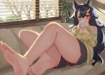  1girl absurdres animal_ears bare_legs bare_shoulders barefoot black_hair blush breasts cleavage commentary_request couch cup dappled_sunlight drinking hair_ornament hairclip highres hololive indoors kajitsu_no_hito leg_focus long_hair mug multicolored_hair off-shoulder_sweater off_shoulder on_couch ookami_mio reclining shorts solo streaked_hair sunlight sweater very_long_hair window window_blinds wolf_ears wolf_girl yellow_eyes yellow_sweater 
