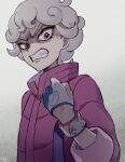  1boy anger_vein angry bangs bede_(pokemon) clenched_teeth coat commentary_request curly_hair dynamax_band gloves grey_hair hand_up janis_(hainegom) looking_down male_focus partially_fingerless_gloves pokemon pokemon_(game) pokemon_swsh popped_collar purple_coat purple_eyes short_hair solo teeth upper_body 