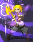  05a7w 1girl blonde_hair boots cape closed_mouth commentary full_body golden_sun green_eyes highres holding holding_staff sheba_(golden_sun) short_hair solo staff 
