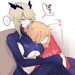  2girls artoria_pendragon_(fate) artoria_pendragon_(lancer_alter)_(fate) blonde_hair braid breasts citron_82 commentary_request crossed_legs fate/grand_order fate_(series) french_braid hands_on_own_knees head_on_another&#039;s_shoulder horns large_breasts mordred_(fate) mordred_(fate/apocrypha) multiple_girls navel red_scrunchie red_shirt scrunchie shirt short_hair sideboob sleeping translation_request underboob white_background 