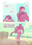 anthro beach beach_umbrella catsudon comic english_text eyewear eyewear_on_head felid flaccid fur genitals group hair hi_res hyouza leopard male mammal muscular nude_beach pantherine parasol penis pink_body pink_fur pink_hair seaside sunglasses sunglasses_on_head text