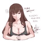  1girl black_sports_bra breasts brown_eyes brown_hair cleavage collarbone cototiworld cum dated ejaculation heart highres kamijou_shiina large_breasts long_hair mature_female paizuri signature simple_background solo spoken_heart sports_bra toaru_majutsu_no_index translation_request white_background 