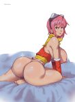  absurdres ass breasts character_request copyright_request gouma_reifuden_izuna green_eyes highres huge_ass izuna_(gouma_reifuden_izuna) looking_at_viewer looking_back nipples non-web_source on_bed phat_smash pink_hair solo 