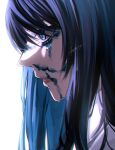  1girl ado_(utaite) black_hair blue_eyes blue_hair chando_(ado) closed_mouth cloud_nine_inc colored_inner_hair commentary english_commentary from_side keeko_(kk_0012) multicolored_hair paint_splatter paint_splatter_on_face profile sidelocks signature simple_background solo two-tone_hair utaite white_background 